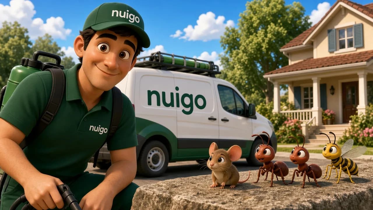 Technicien anti-nuisibles devant une maison.