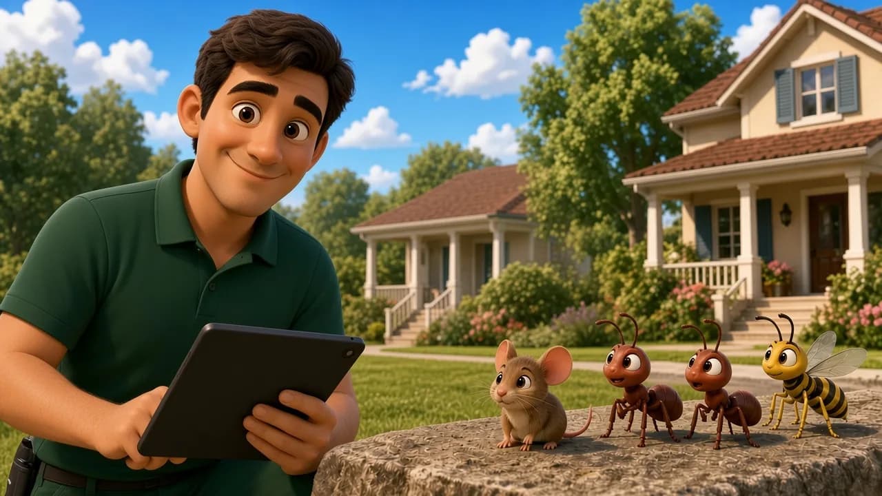 Technicien qui consulte une tablette devant une maison.